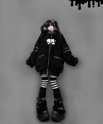 Japanese Gothic Hooded Plush Coat New Autumn Winter Subculture Cool Girl Women's Punk Rivet Lamb Wool Hoodie Jacket Zipper Coat