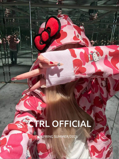 In  Stock  Anime Hello Kittys Hooded Jacket Girl Commuting Coat Jacket Kuromi Anime 3d Ears Hooded Cute Leopard Print Clothes