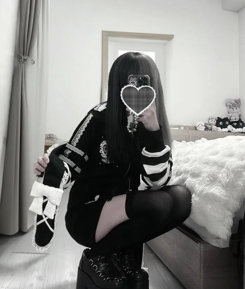 Japanese Harajuku Style Bow Sweet Cool Long-Ear Hooded Lace Trim Color-Block Zipper Long Cardigan Coat Gothic Hoodie Jacket