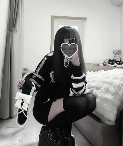 Japanese Harajuku Style Bow Sweet Cool Long-Ear Hooded Lace Trim Color-Block Zipper Long Cardigan Coat Gothic Hoodie Jacket