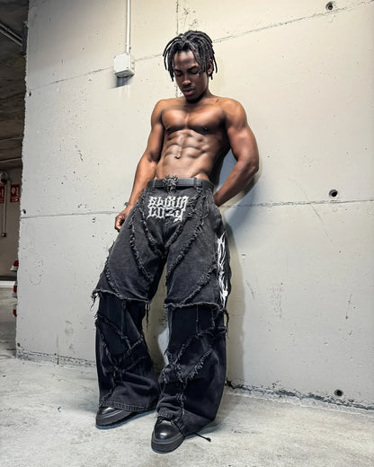 Y2k Patchwork Stripe Embroidery Fur Edge Jeans Fashion America Retro Zipper Splicing Baggy Jeans Punk Men Black Denim Pants