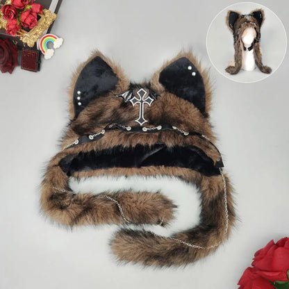 Winter Plush Beanie Hats Punk Wolf Furry Ear Protection Outdoor Windproof Caps Couples Headwear Gothic Dark Fursuit Cosplay Prop