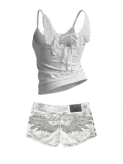 Women's Y2K Angel-Wing Denim Shorts Set