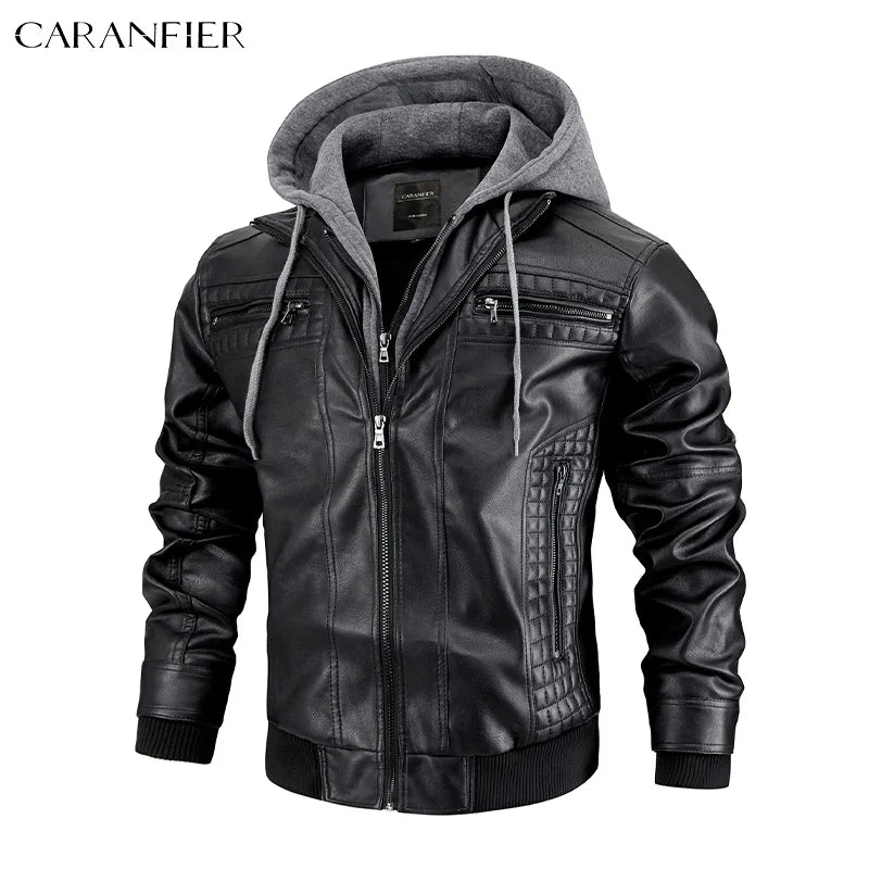 CARANFIER Men PU Leather Jacket Male Moto Biker Hooded Luxury Coats Clothing Faux Vintage Outerwear Chaqueta Hombre Dropshipping