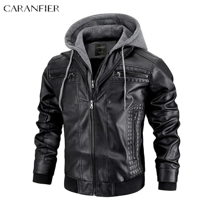 CARANFIER Men PU Leather Jacket Male Moto Biker Hooded Luxury Coats Clothing Faux Vintage Outerwear Chaqueta Hombre Dropshipping
