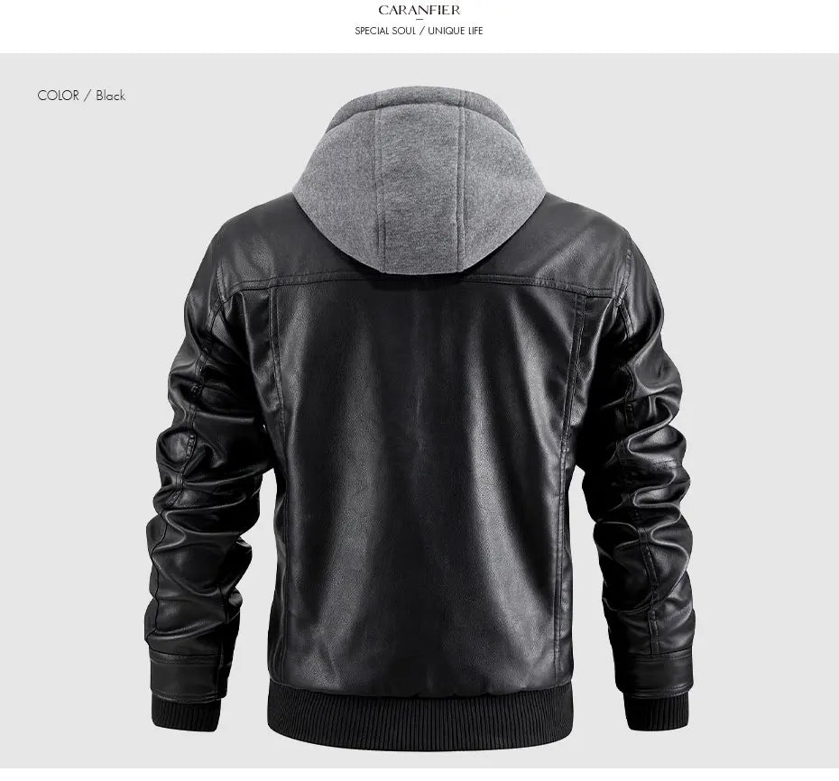 CARANFIER Men PU Leather Jacket Male Moto Biker Hooded Luxury Coats Clothing Faux Vintage Outerwear Chaqueta Hombre Dropshipping