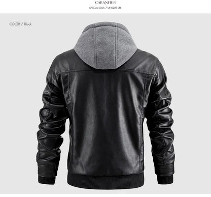 CARANFIER Men PU Leather Jacket Male Moto Biker Hooded Luxury Coats Clothing Faux Vintage Outerwear Chaqueta Hombre Dropshipping
