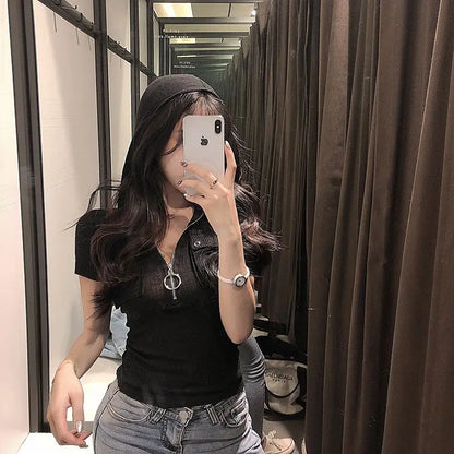 Sexy Pure Desire Sle Zipper Hoodie ort Sve T-irt Women's Slim Fit ow Chest Large Summer New Faion Korean Version