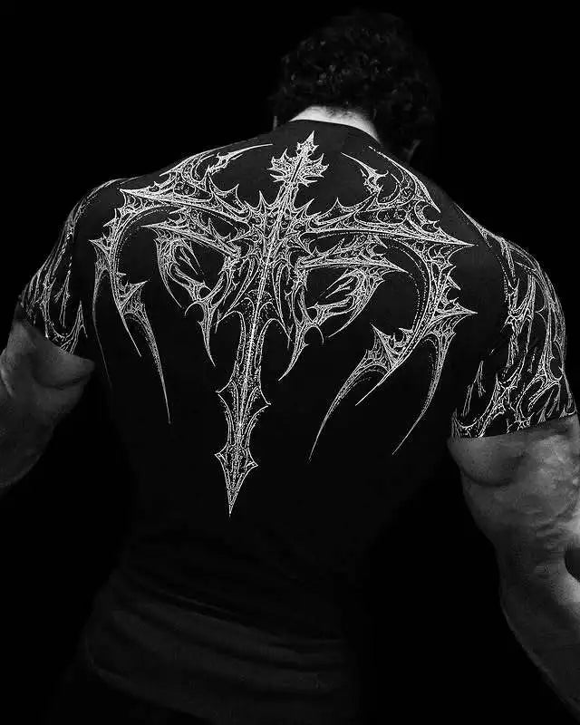 New Summer GYM T-shirt Men's Gothic Print Muscle Tee High Elasticity And Quick Drying Exercise For Bodybuilding Training T-shirt