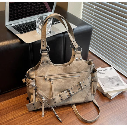 Fashionable Large Capacity Rivet Street Style Women's Tote Bag Shoulder Crossbody Bag Durable Polyester  Commuter Bag