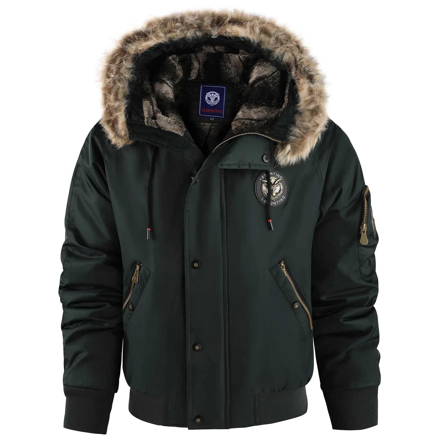 Men's Winter Warm, Hooded Jacket with Raw Edge, Lined Aviator Jacket, Embroidered Badge Design, Windproof and Waterproof Jacket
