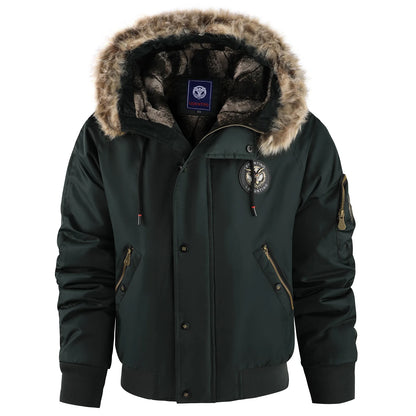 Men's Winter Warm, Hooded Jacket with Raw Edge, Lined Aviator Jacket, Embroidered Badge Design, Windproof and Waterproof Jacket