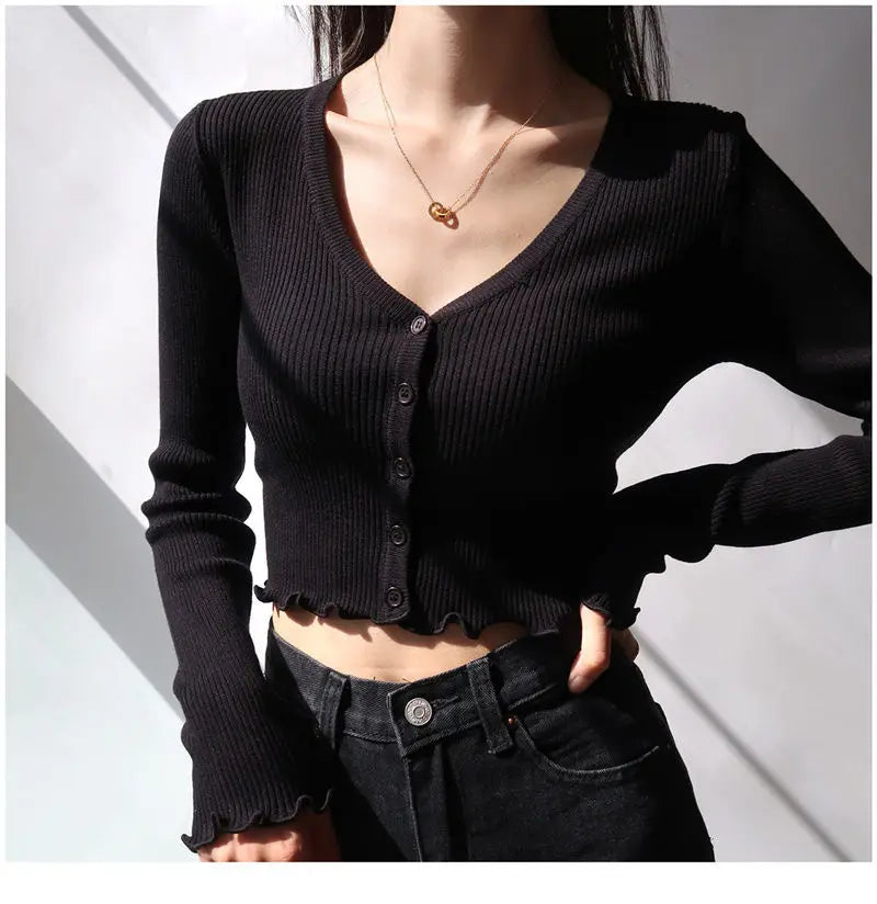 Women's Y2K V-Neck Knit Crop Top