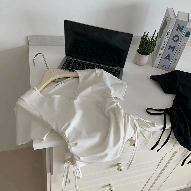 レディース アシンメトリー ドローストリング VネックTシャツ