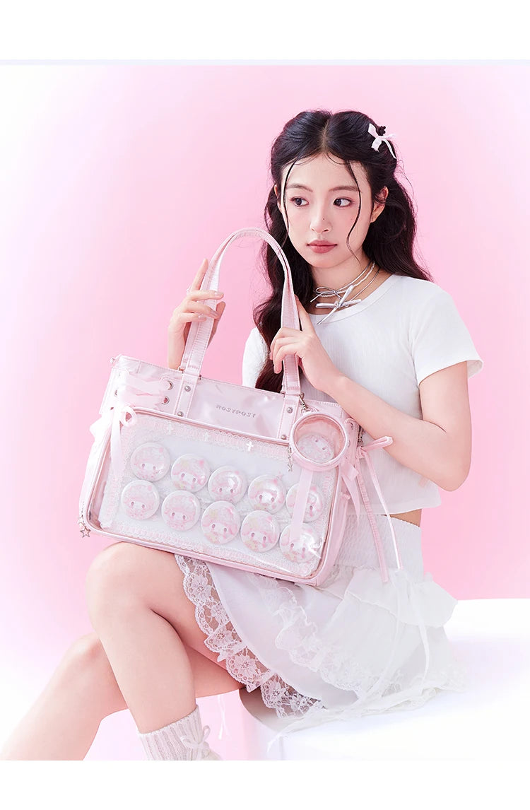 Japanese New Girls Silver Shoulder Bag Large Capacity Ribbon Itabag Student Women's Satin Messenger Bag Leather Backpacks