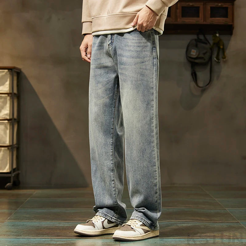 KSTUN Light Blue Baggy Pant Men Wide Leg Jeans Loose Straight Casaul Streetwear Vintage Men's Trousers 100% Cotton Large Size 40