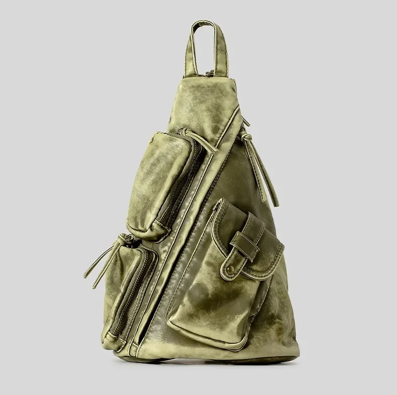 Annmouler Designer Backpacks for Women Soft Washed Letaher Sling Chest Bag Vintage Multi-pockets Punk Style Small Bag