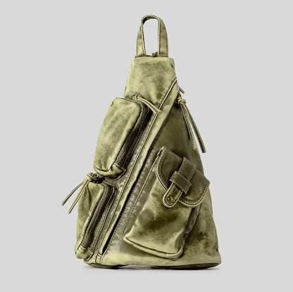 Annmouler Designer Backpacks for Women Soft Washed Letaher Sling Chest Bag Vintage Multi-pockets Punk Style Small Bag