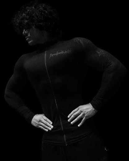 FULL ZIP Men's Gothic Compression Long Sleeve FULL ZIP Sports Shirt Workout Tops Gym Compression Breathable High Stretch