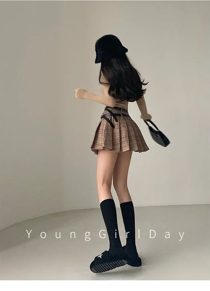 WOMENGAGA Preppy Style High Waist Slim Double Belt Slip Plaid Pleated Skirt Fashion Sexy Korean Women JK Skirts Sweet X8WN