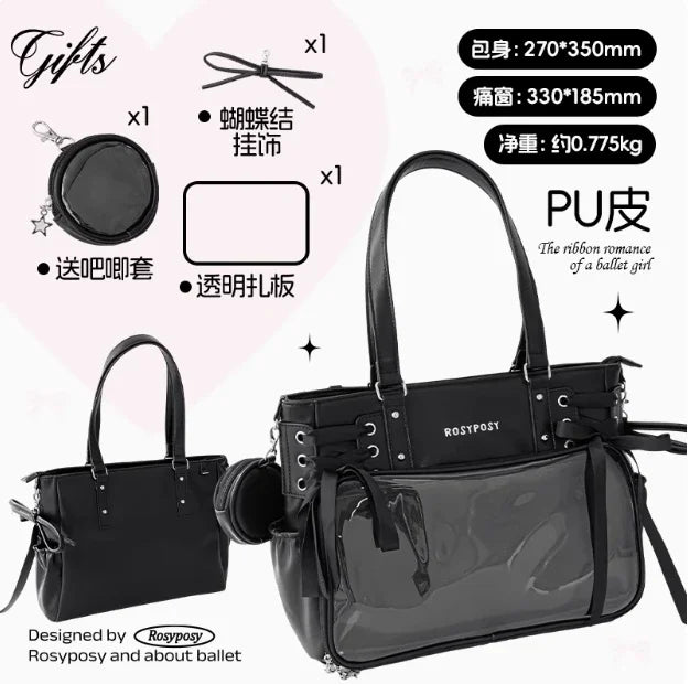 Japanese New Girls Silver Shoulder Bag Large Capacity Ribbon Itabag Student Women's Satin Messenger Bag Leather Backpacks