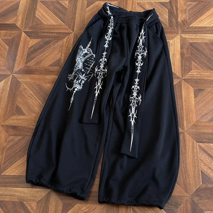 Retro American Black Loose Sweatpants Y2k Men Women Streetwear Dark Gothic Wide Leg Pants Fashion Embroidered Belt Jogging Pants