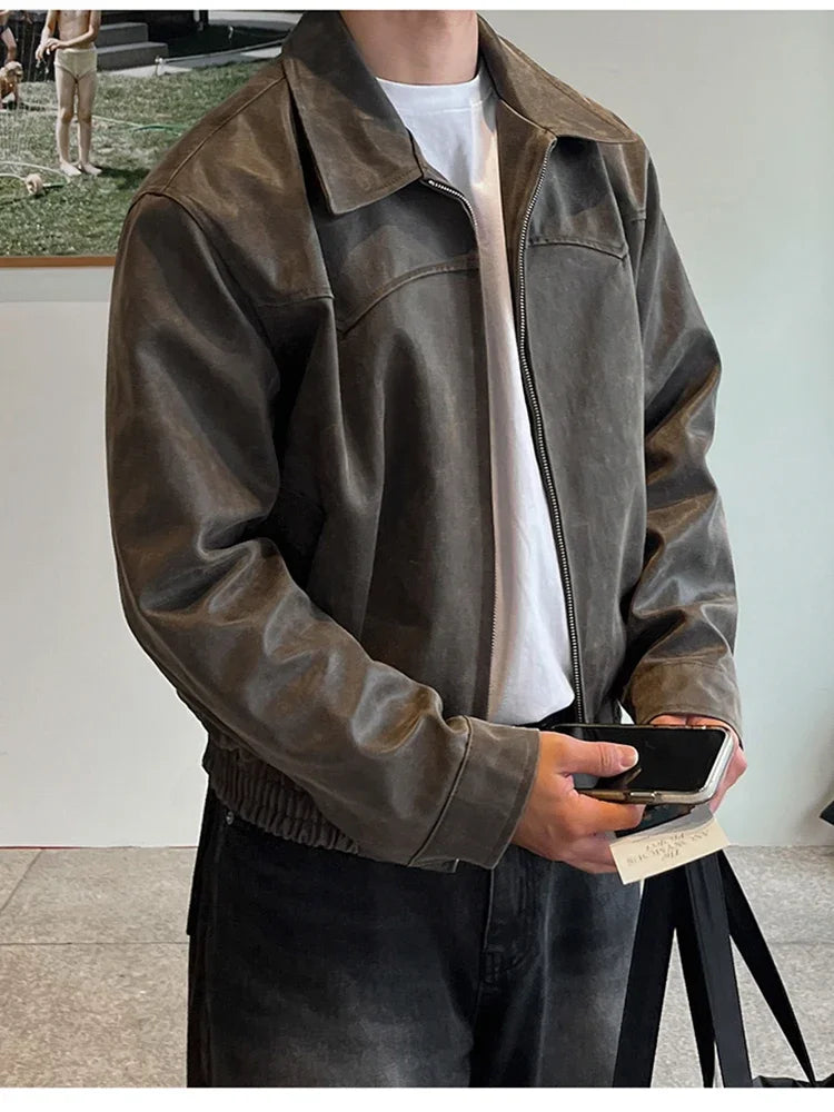 Spring Autumn Vintage Lightweight Distressed Washed Brown Pu Leather Jacket Men Zipper Casual Korean Fashion Clothes