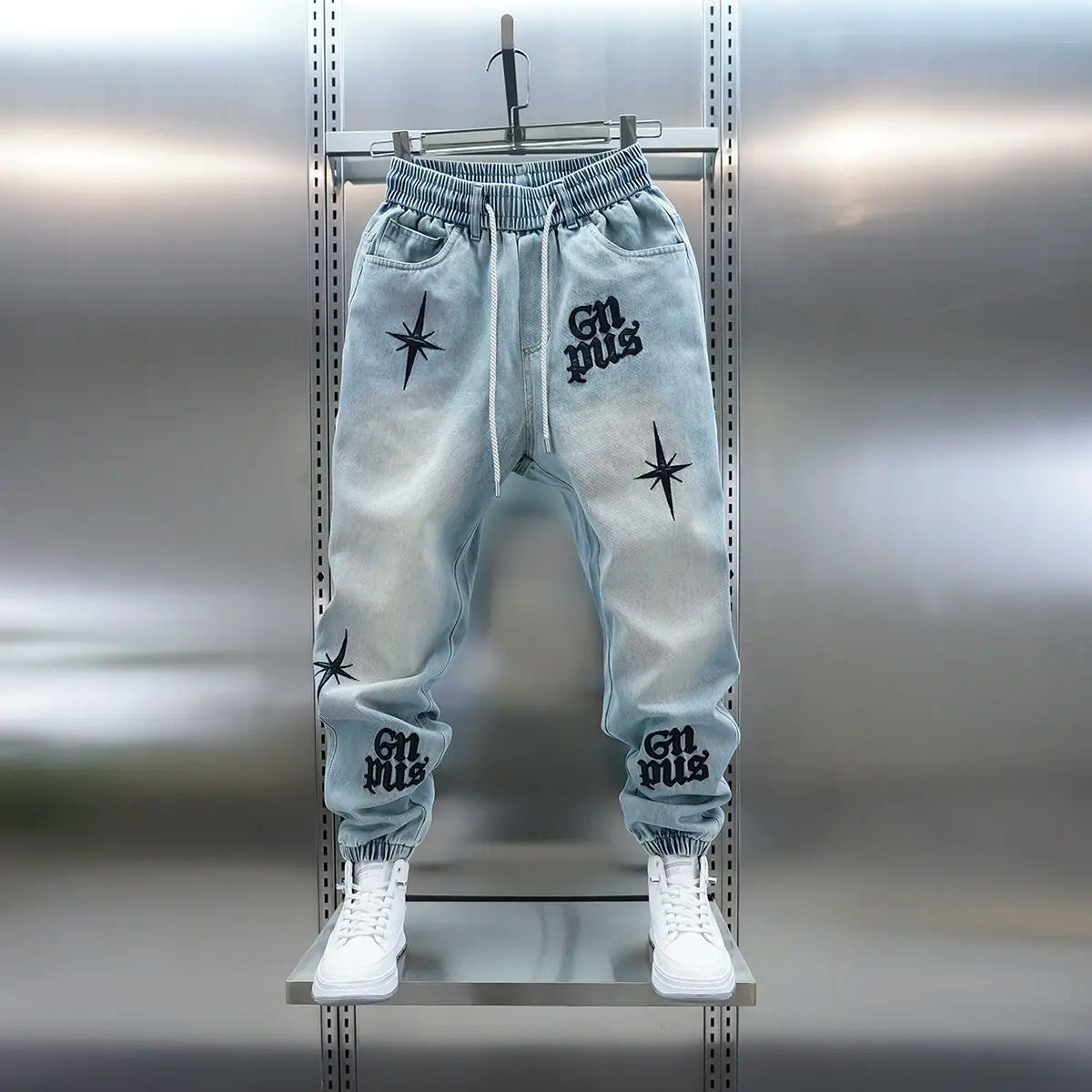 American high-street letter embroidered washed denim jeans fashion loose-fitting jogger harem pants slim-fit casual pants