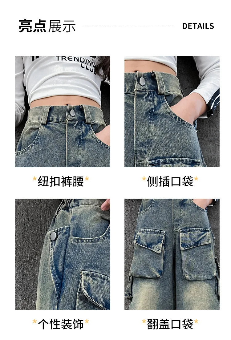 Cargo Jeans for Girls 2026 Spring Loose Casual Elastic Waist Teenage Children Wide Leg Pants Design Streetwear Kids Trousers