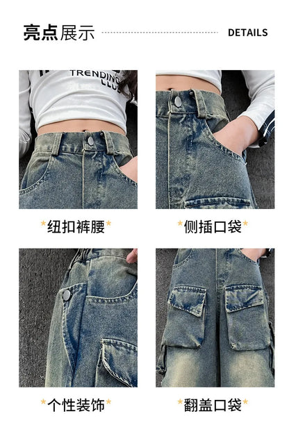 Cargo Jeans for Girls 2026 Spring Loose Casual Elastic Waist Teenage Children Wide Leg Pants Design Streetwear Kids Trousers