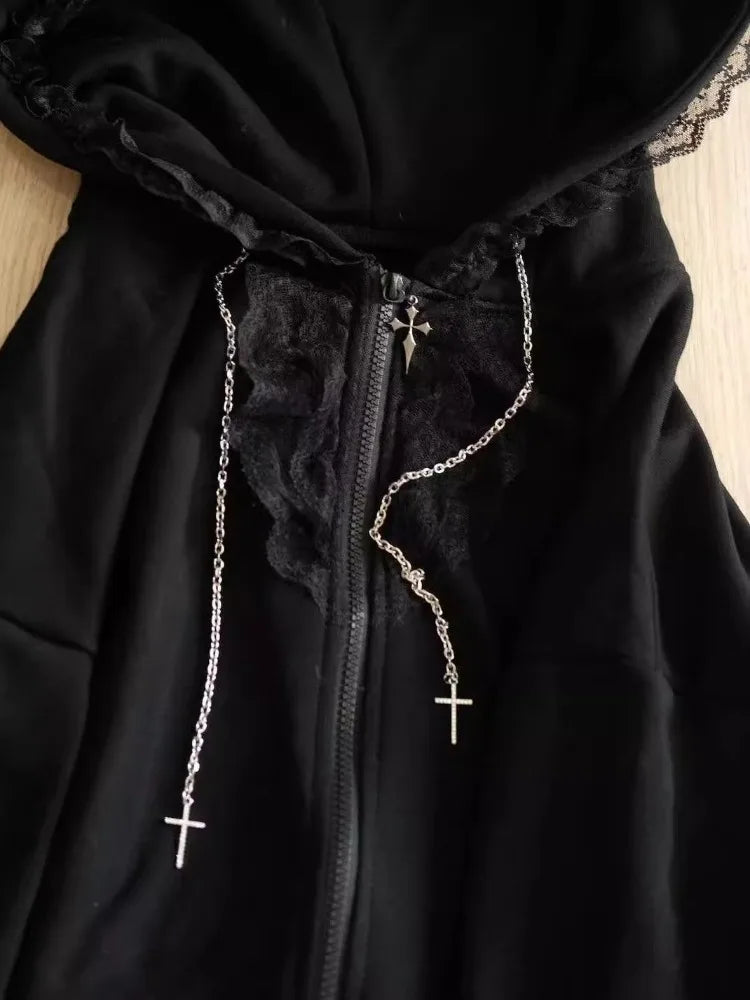 Kimutomo Hoodies Women Lace Patchwork Ribbon Cat Ears Y2k Aesthetic Gothic Grunge Sweet Outwear Loose Jackets Vintage Sweatshirt