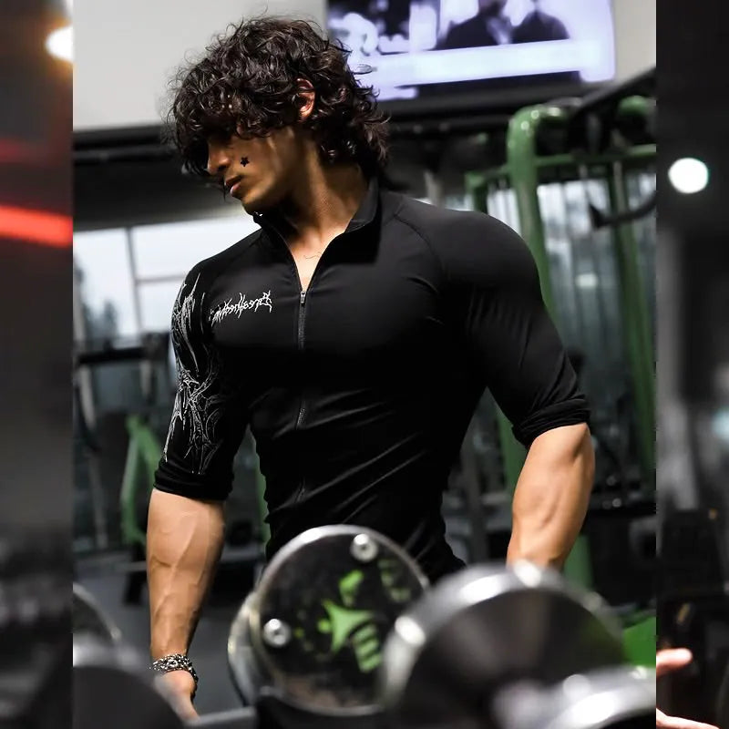 Dark Quick Drying Autumn And Winter Training Long Sleeved Men's Zipper Fitness Clothes, Sports Tight Fitting Clothes