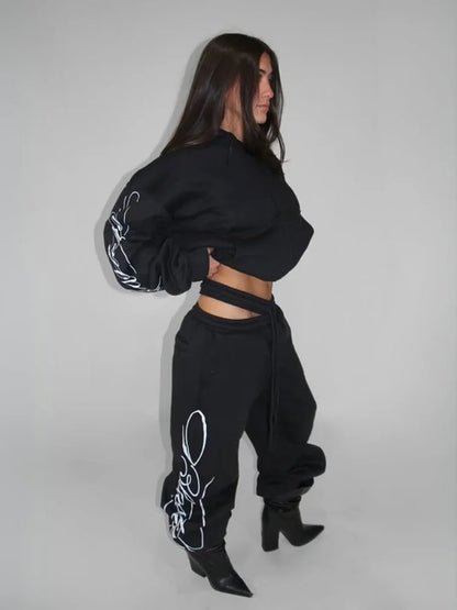 Apex Ritual – Grey 2 Piece Outfit – Script Print Oversized Hoodie & Wide Leg Pants Y2K Streetwear