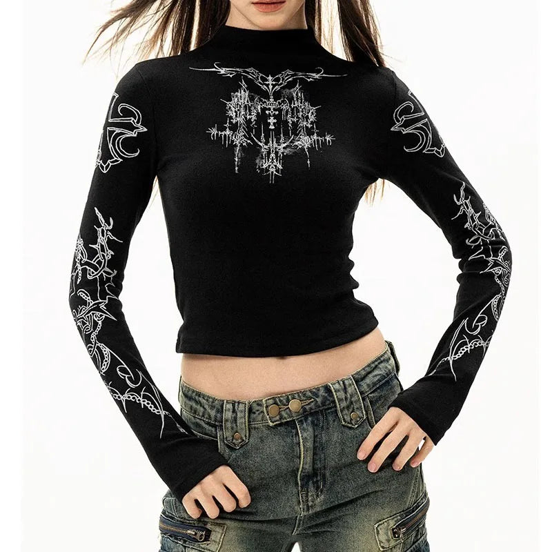 Grunge Women T-Shirt Y2k Aesthetics Half high neck Tees Graphical Print  Long Sleeve Sheer Tops Punk Alternative Crop Tops EMO