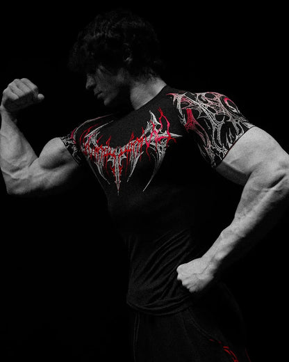 New Summer GYM T-shirt Men's Gothic Print Muscle Tee High Elasticity And Quick Drying Exercise For Bodybuilding Training T-shirt