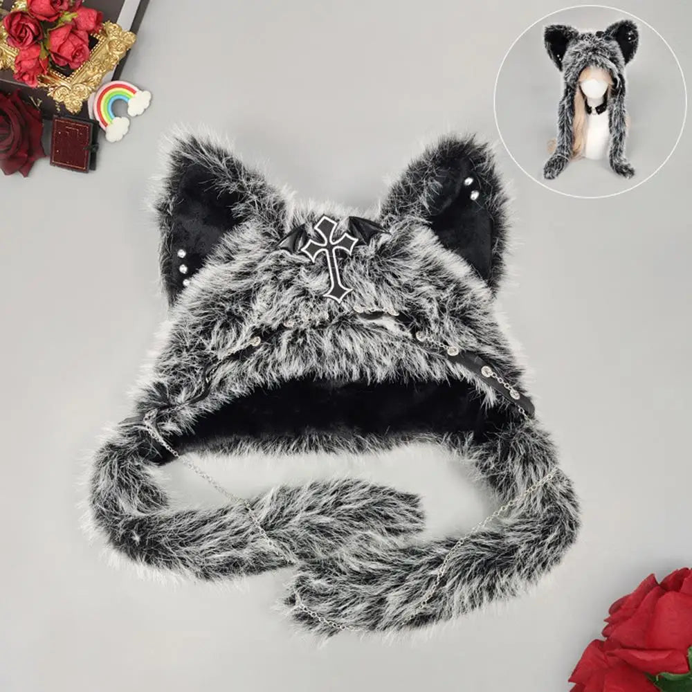 Winter Plush Beanie Hats Punk Wolf Furry Ear Protection Outdoor Windproof Caps Couples Headwear Gothic Dark Fursuit Cosplay Prop