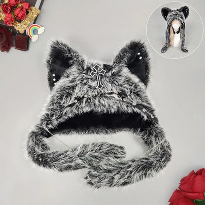 Winter Plush Beanie Hats Punk Wolf Furry Ear Protection Outdoor Windproof Caps Couples Headwear Gothic Dark Fursuit Cosplay Prop
