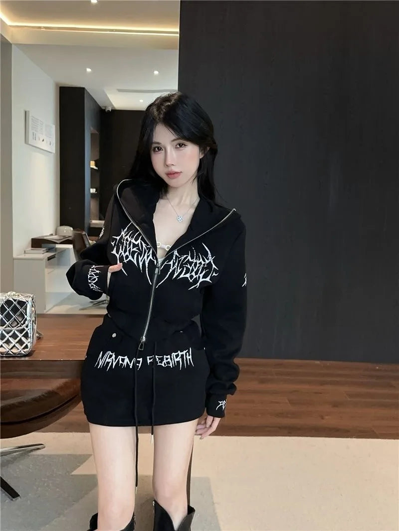 Dark Style Short Letter Sweatshirt And  Skirt Set for Women Trendy Streetwear Autumn Collection Long Sleeve Casual Sports...
