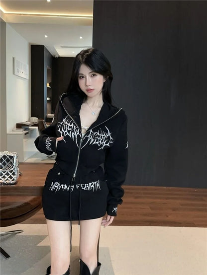 Dark Style Short Letter Sweatshirt And  Skirt Set for Women Trendy Streetwear Autumn Collection Long Sleeve Casual Sports...