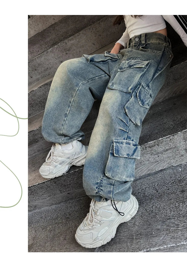 Cargo Jeans for Girls 2026 Spring Loose Casual Elastic Waist Teenage Children Wide Leg Pants Design Streetwear Kids Trousers