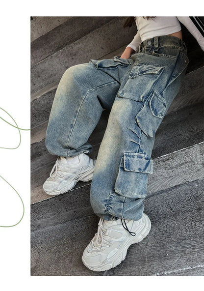Cargo Jeans for Girls 2026 Spring Loose Casual Elastic Waist Teenage Children Wide Leg Pants Design Streetwear Kids Trousers