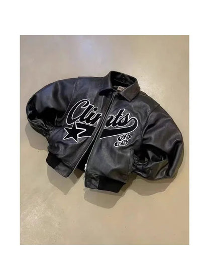 Retro Y2K Jacket, American Streetwear Trendy PU Leather Jacket, Black Thick Loose Zip-Up Jacket for Men