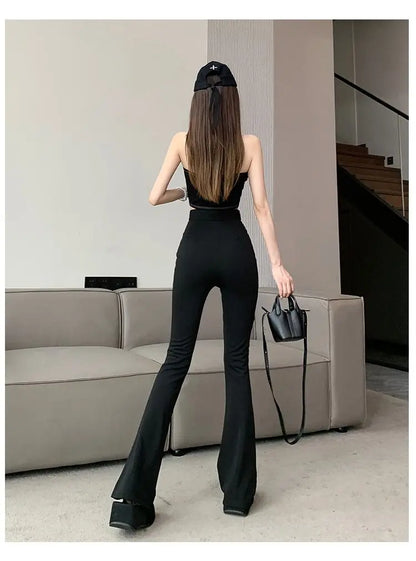 Sexy Black Mesh Patchwork High Waisted Flared Pants Chic Slim Women's Thin Trousers for Summer Korean Style