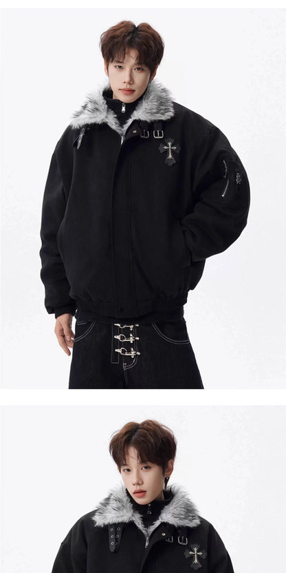 PFNW Fashion Versatile Warm Coat Autumn Winter New Men's Fur Collar High Quality Thick Cotton Jacket 28L1062