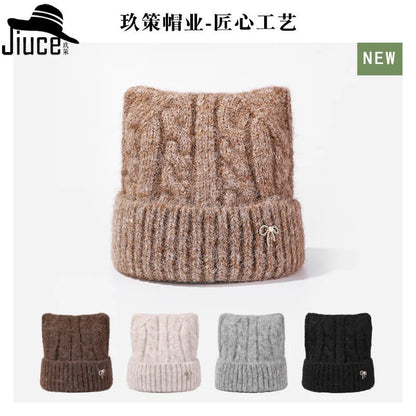 Cute Cartoon Cat's Ears Thickened Knit Hat women's Bow Wool Hat Ear Protection Warm Hat Bonnets Beanies 4m730