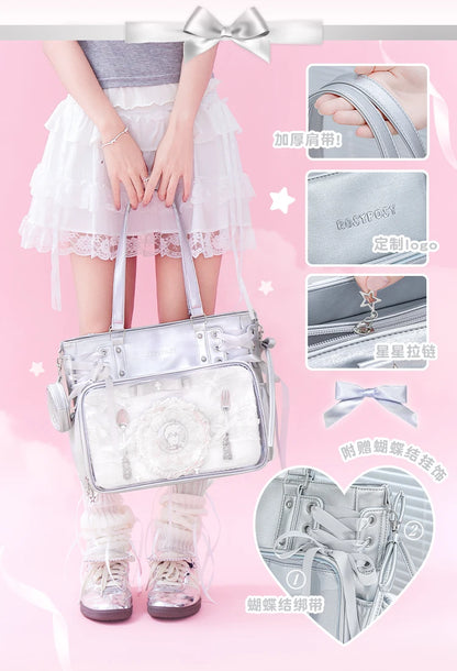 Japanese New Girls Silver Shoulder Bag Large Capacity Ribbon Itabag Student Women's Satin Messenger Bag Leather Backpacks