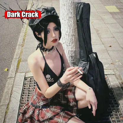 Women's Y2k Harajuku Gothic Punk Lolita Girls Original British Fashion Versatile Leather Style Rock Rivet Short Brim Beret Hat