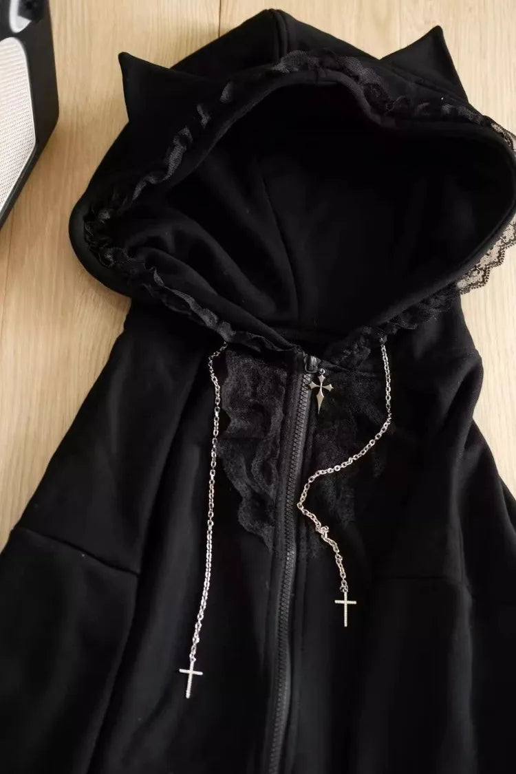 Kimutomo Hoodies Women Lace Patchwork Ribbon Cat Ears Y2k Aesthetic Gothic Grunge Sweet Outwear Loose Jackets Vintage Sweatshirt