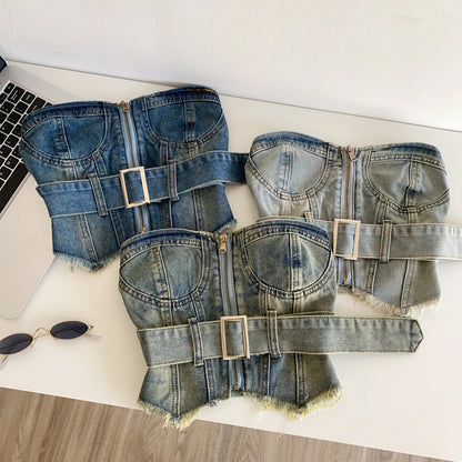 SINGREINY Vintage Denim Strapless Camis Backless Irregular Raw Hem Slim Distressed Crop Top Ladies Sashes Sexy Club Lingerie Top