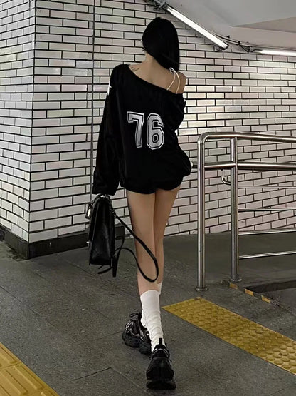 Spring and winter new American oblique shoulder long sleeve printed letter hoodie loose casual spice girls shirt T-shirt women